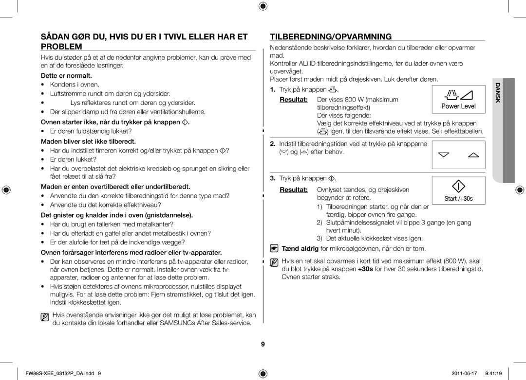 Samsung FW88SUST/XEE Sådan gør du, hvis du er i tvivl eller har et problem, Tilberedning/opvarmning, At trykke på knappen 