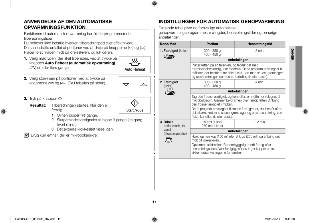 Samsung FW88SUST/XEE manual Anvendelse af den automatiske opvarmningsfunktion, Indstillinger for automatisk genopvarmning 