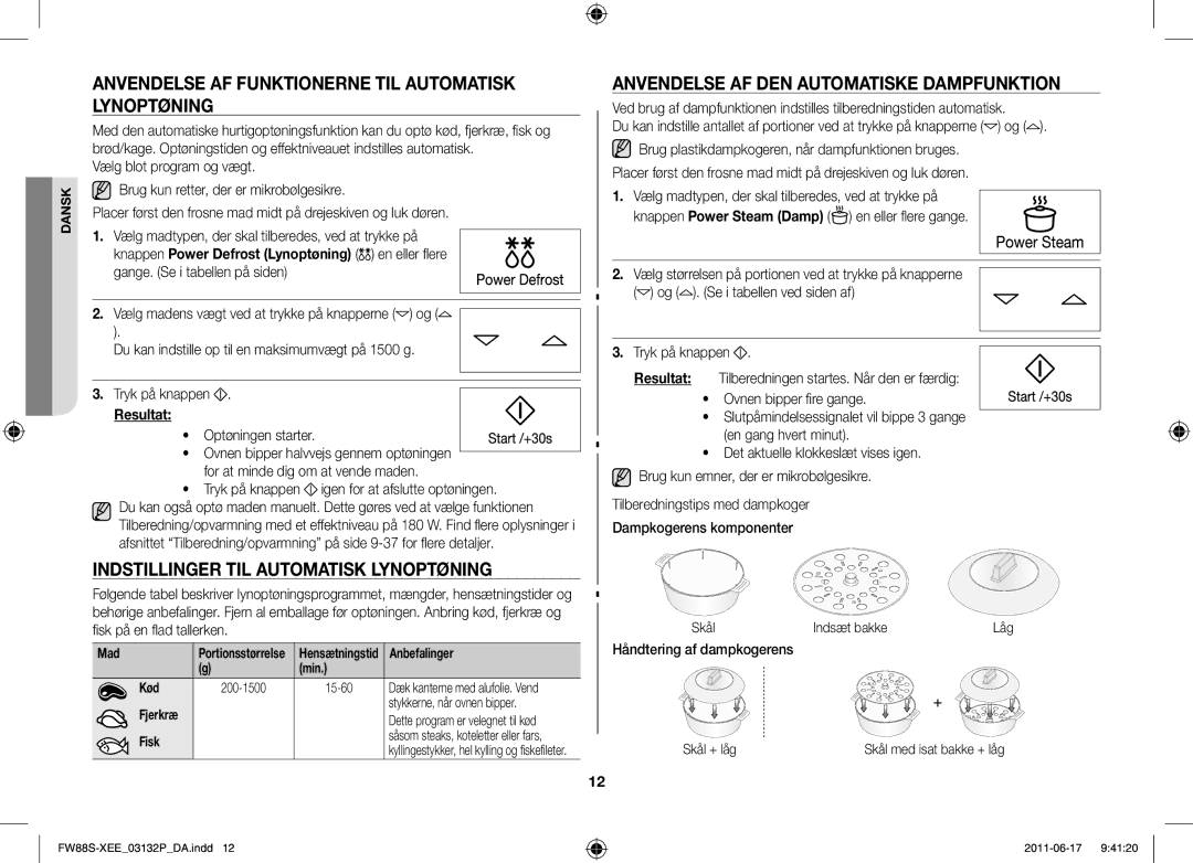 Samsung FW88SUST/XEE manual Anvendelse af funktionerne til automatisk lynoptøning, Indstillinger til automatisk lynoptøning 