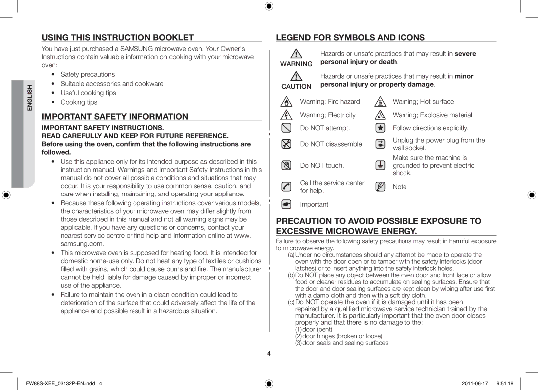 Samsung FW88SUST/XEE Using this instruction booklet, Important safety information, Personal injury or property damage 