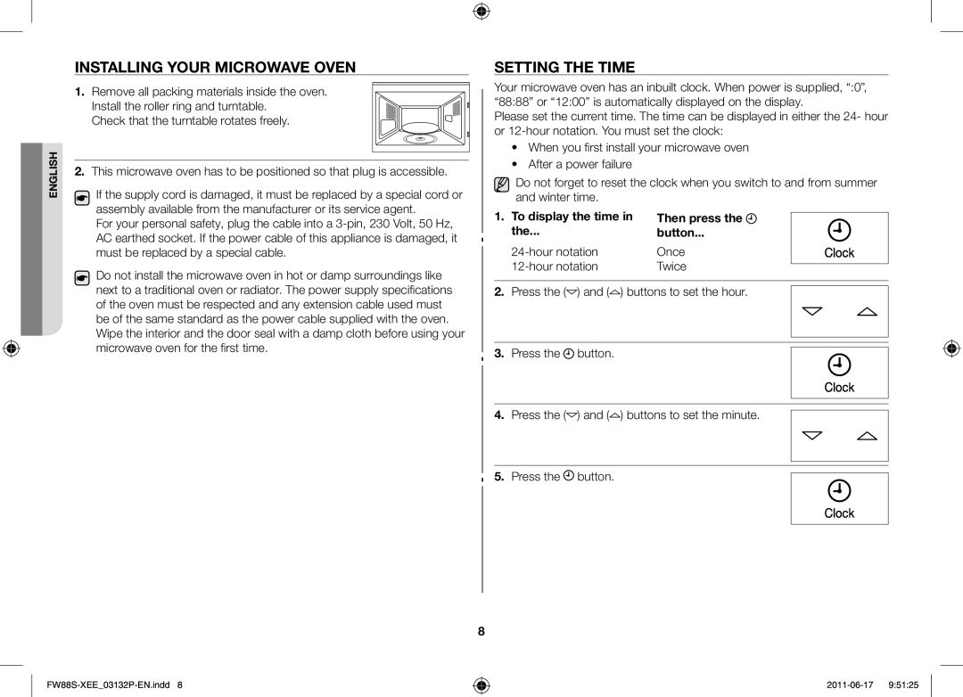 Samsung FW88SUST/XEE manual Installing your microwave oven, Setting the time, To display the time, Button, Then press 