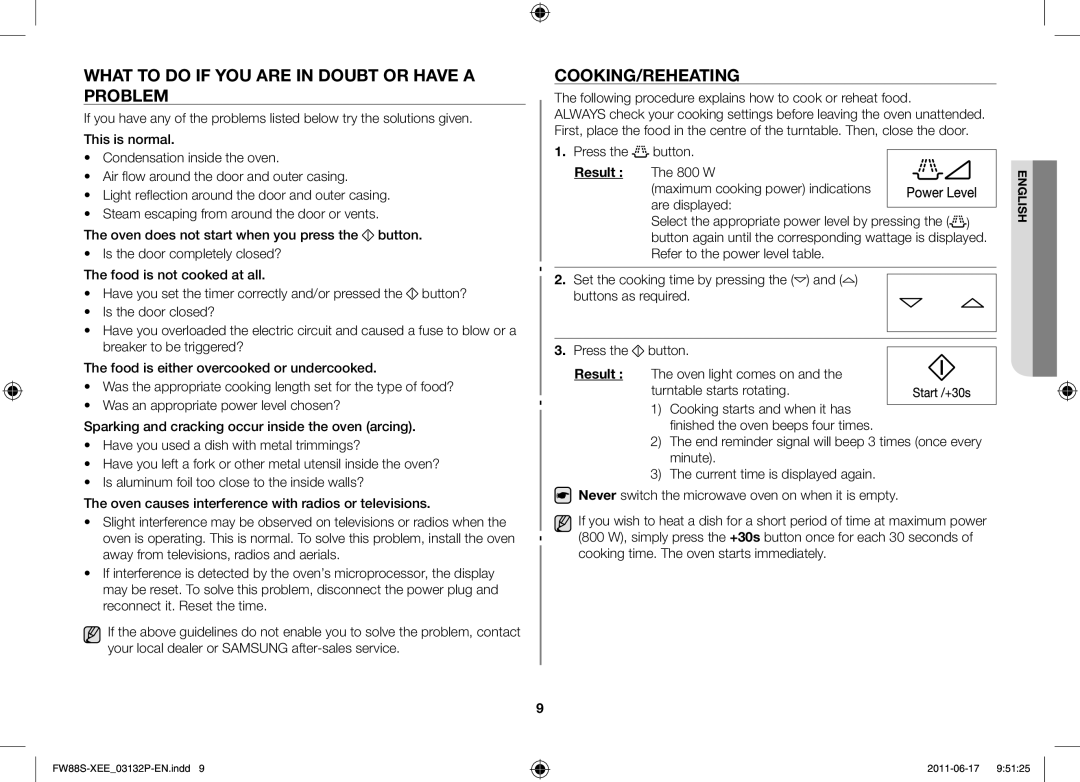 Samsung FW88SUST/XEE manual What to do if you are in doubt or have a problem, Cooking/Reheating, Result 