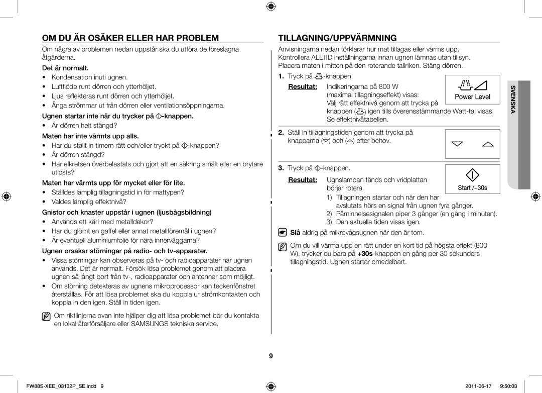 Samsung FW88SUST/XEE manual Om du är osäker eller har problem, Tillagning/uppvärmning 