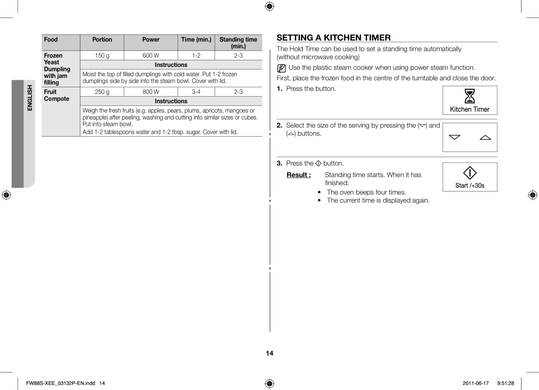 Samsung FW88SUST/XEE Setting a kitchen timer, W Yeast Instructions Dumpling, With cold water. Put 1-2 frozen, With jam 