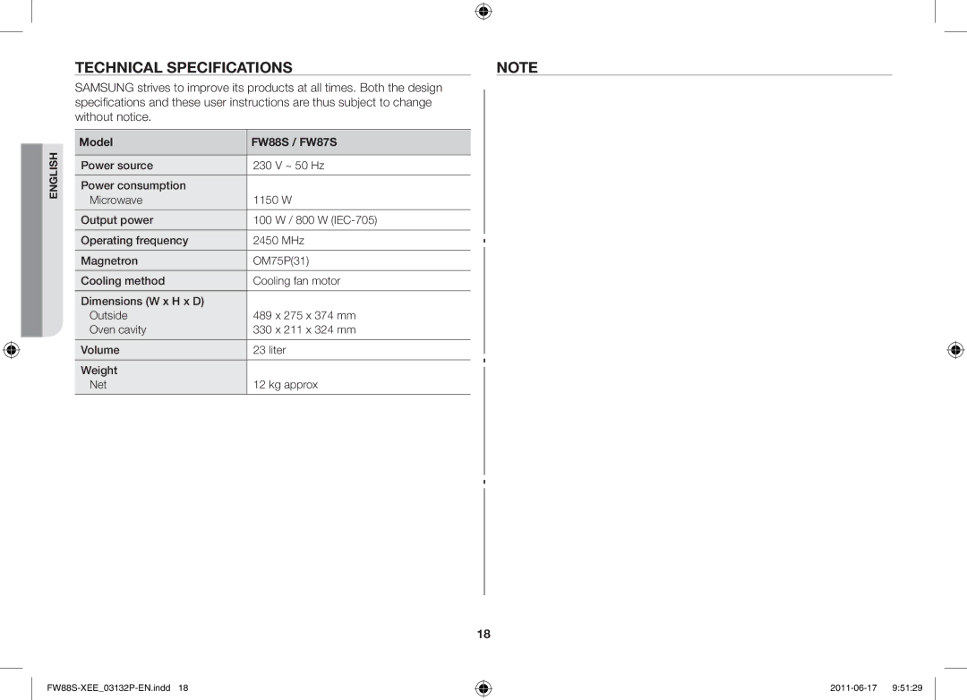 Samsung FW88SUST/XEE manual Technical specifications, Are thus subject to change Without notice 