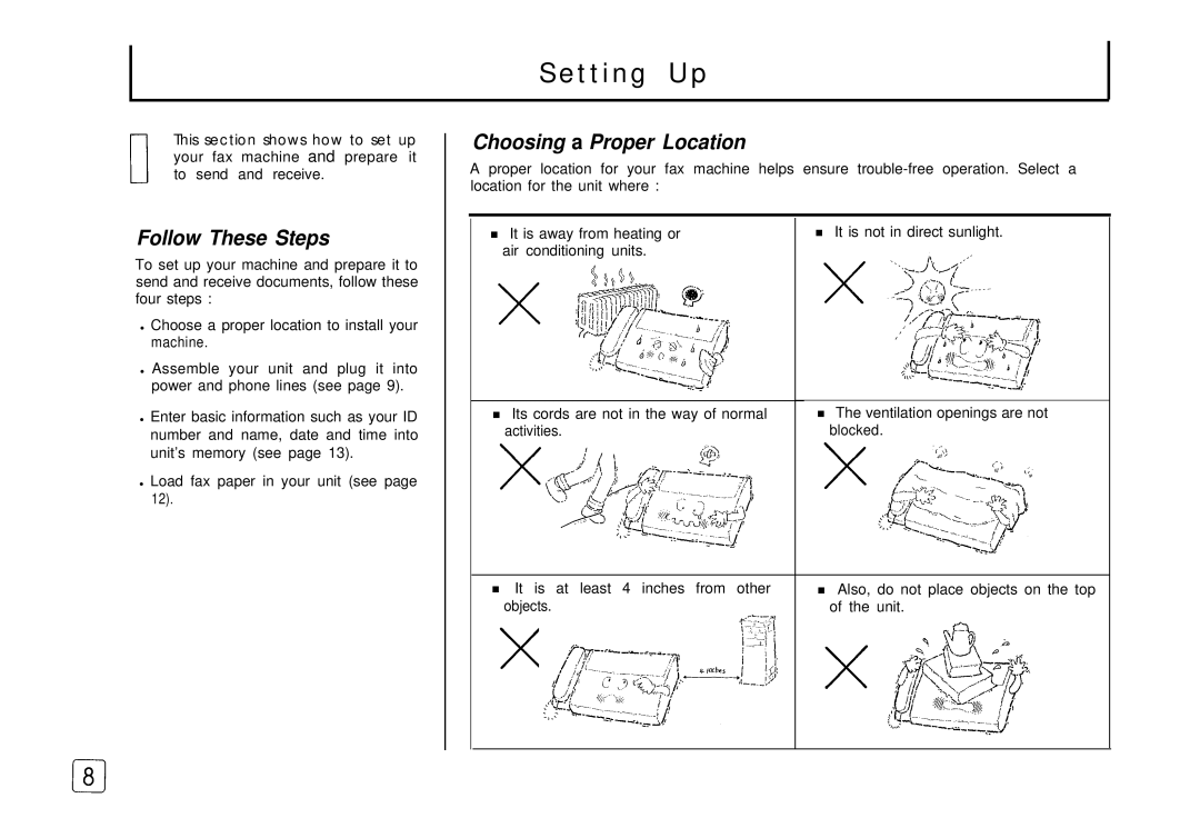 Samsung FX 505 manual Setting Up, Follow These Steps, Choosing a Proper Location 