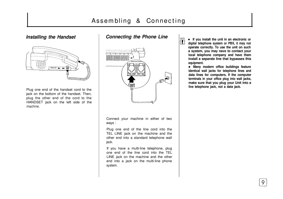 Samsung FX 505 manual Assembling & Connecting, Installing the Handset, Connecting the Phone Line 