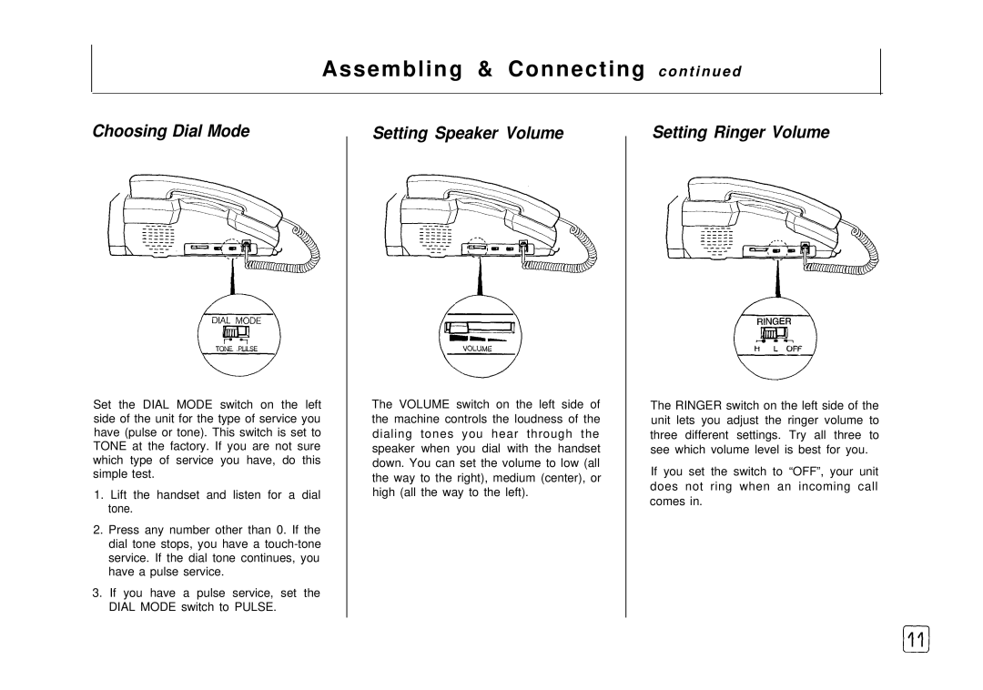 Samsung FX 505 manual Assembling & Connecting c o n t i n u e d, Choosing Dial Mode, Setting Speaker Volume 