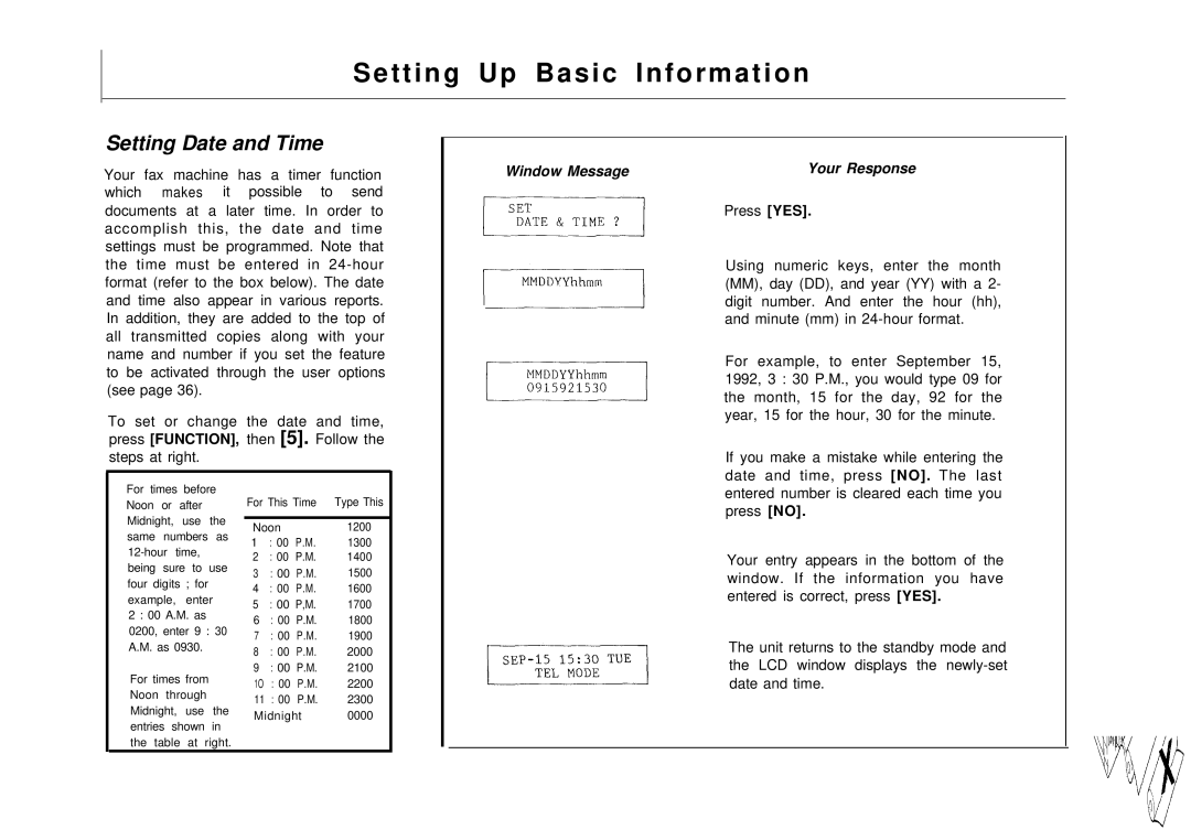 Samsung FX 505 manual T t i n g U p B a s i c I n f o r m a t i o n, Setting Date and Time 