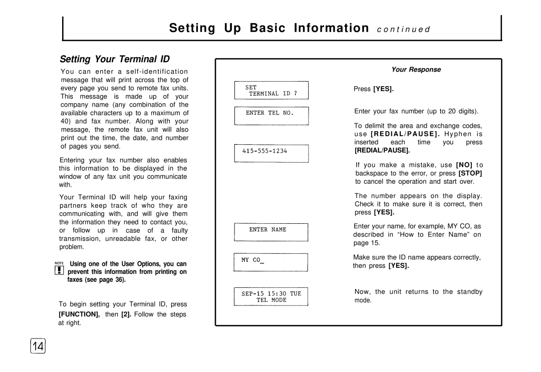 Samsung FX 505 manual Setting Up Basic Information c o n t i n u e d, Setting Your Terminal ID 