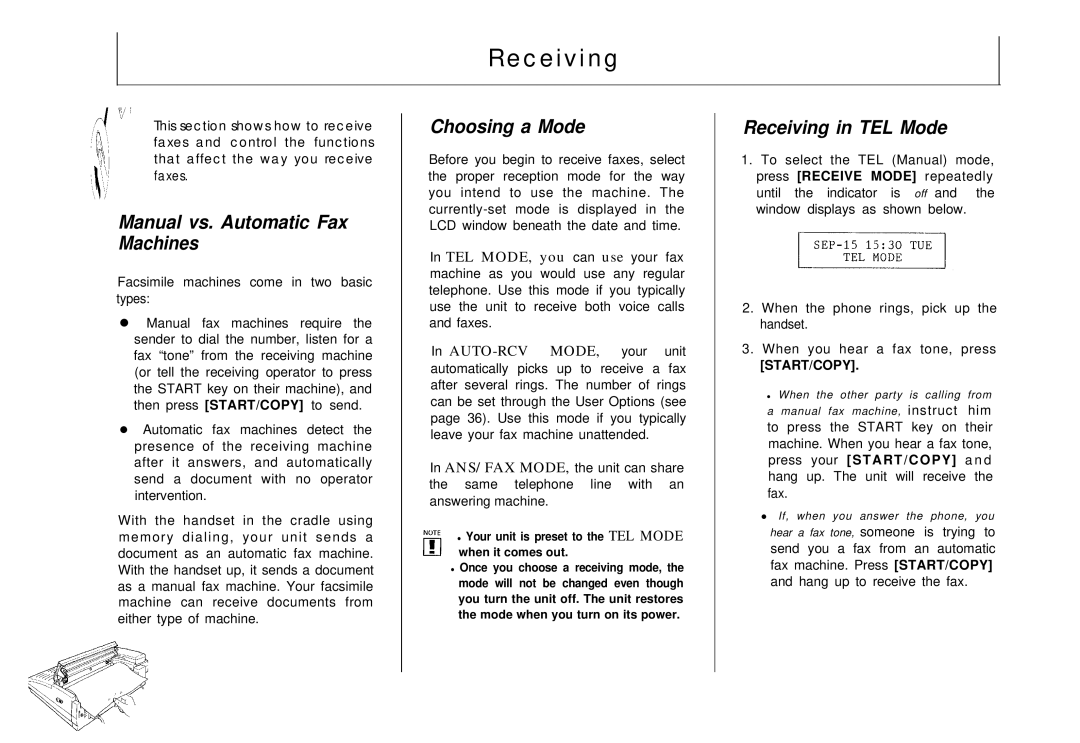 Samsung FX 505 manual Manual vs. Automatic Fax Machines, Choosing a Mode, Receiving in TEL Mode 