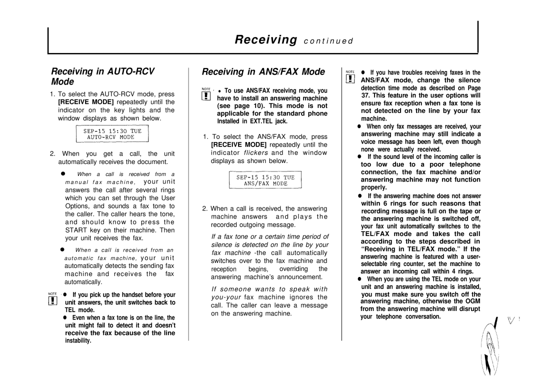 Samsung FX 505 manual Receiving in AUTO-RCV Mode, Receiving in ANS/FAX Mode 