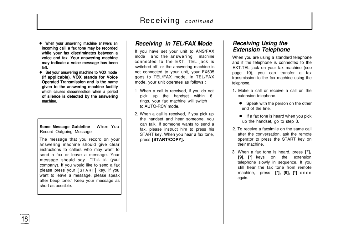 Samsung FX 505 manual Receiving in TEL/FAX Mode, Receiving Using Extension Telephone 