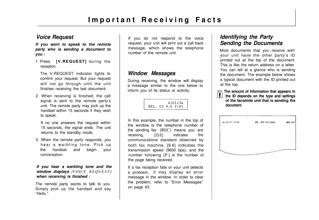 Samsung FX 505 manual P o r t a n t R e c e i v i n g F a c t s, Voice Request, Window Messages 