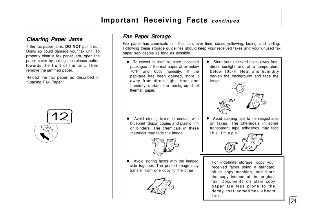 Samsung FX 505 manual Important Receiving Facts c o n t i n u e d, Clearing Paper Jams, Fax Paper Storage 