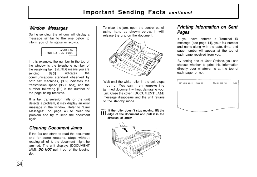 Samsung FX 505 manual Important Sending Facts c o n t i n u e d, Clearing Document Jams, Printing lnformation on Sent Pages 