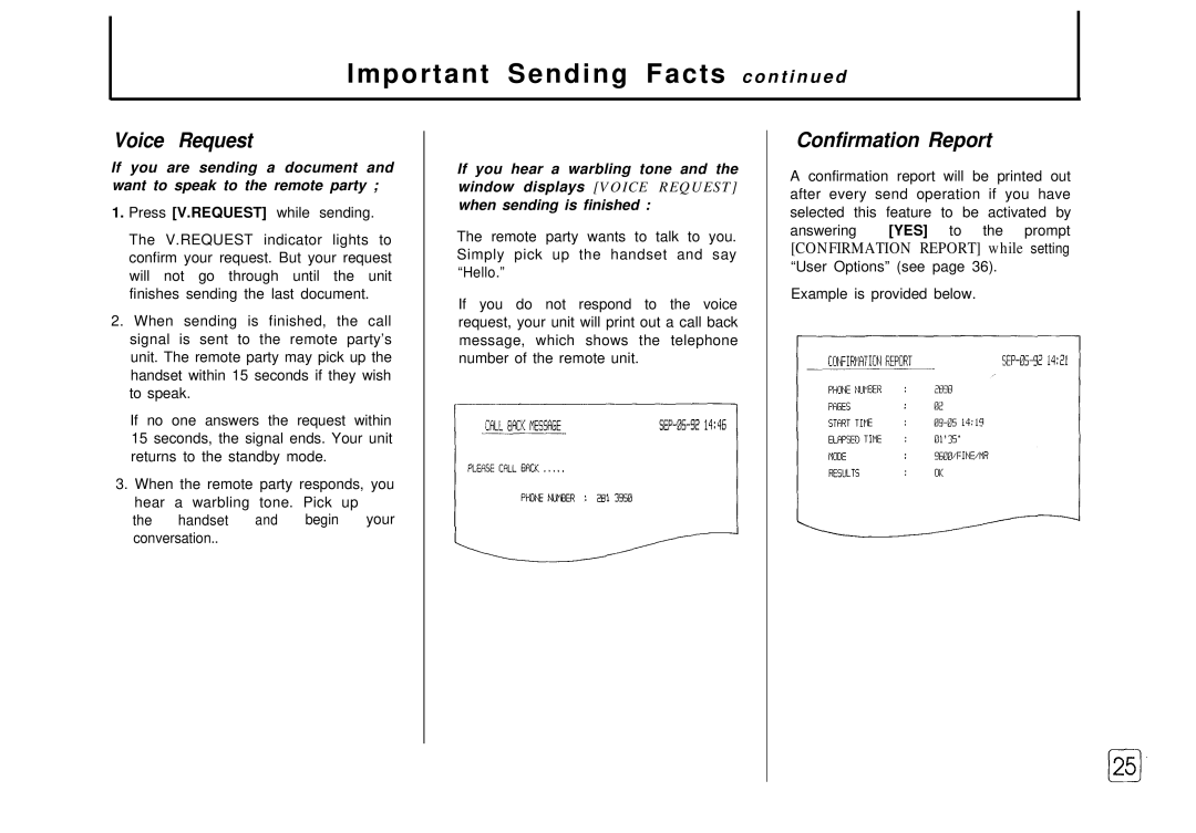 Samsung FX 505 manual Voice Request, Confirmation Report 