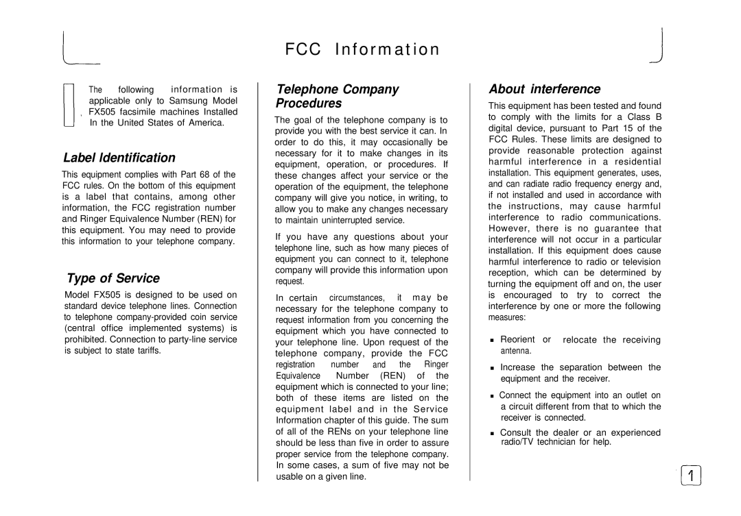 Samsung FX 505 FCC Information, Label ldentification, Type of Service, Telephone Company Procedures, About interference 