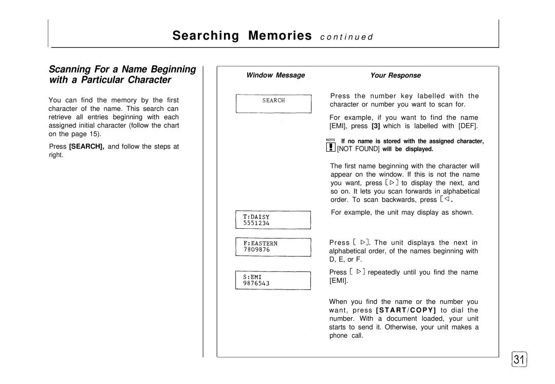 Samsung FX 505 manual Searching Memories c o n t i n u ed, Scanning For a Name Beginning with a Particular Character 