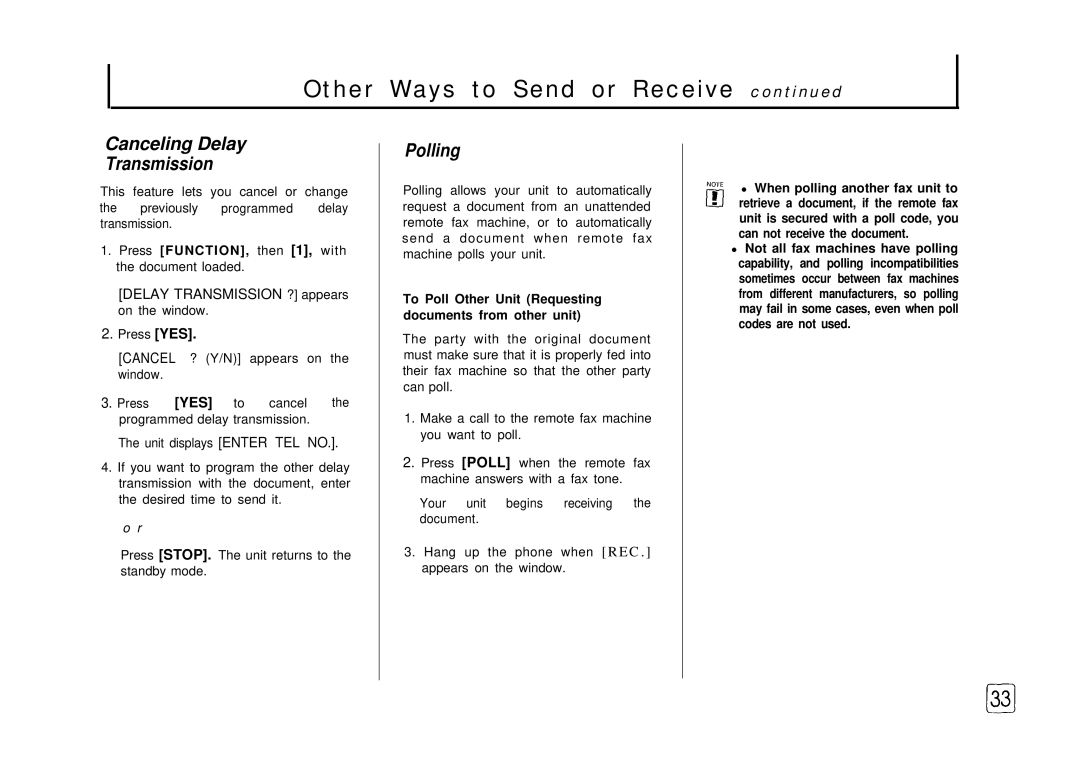 Samsung FX 505 manual Other Ways to Send or Receive, Canceling Delay Transmission, Polling 