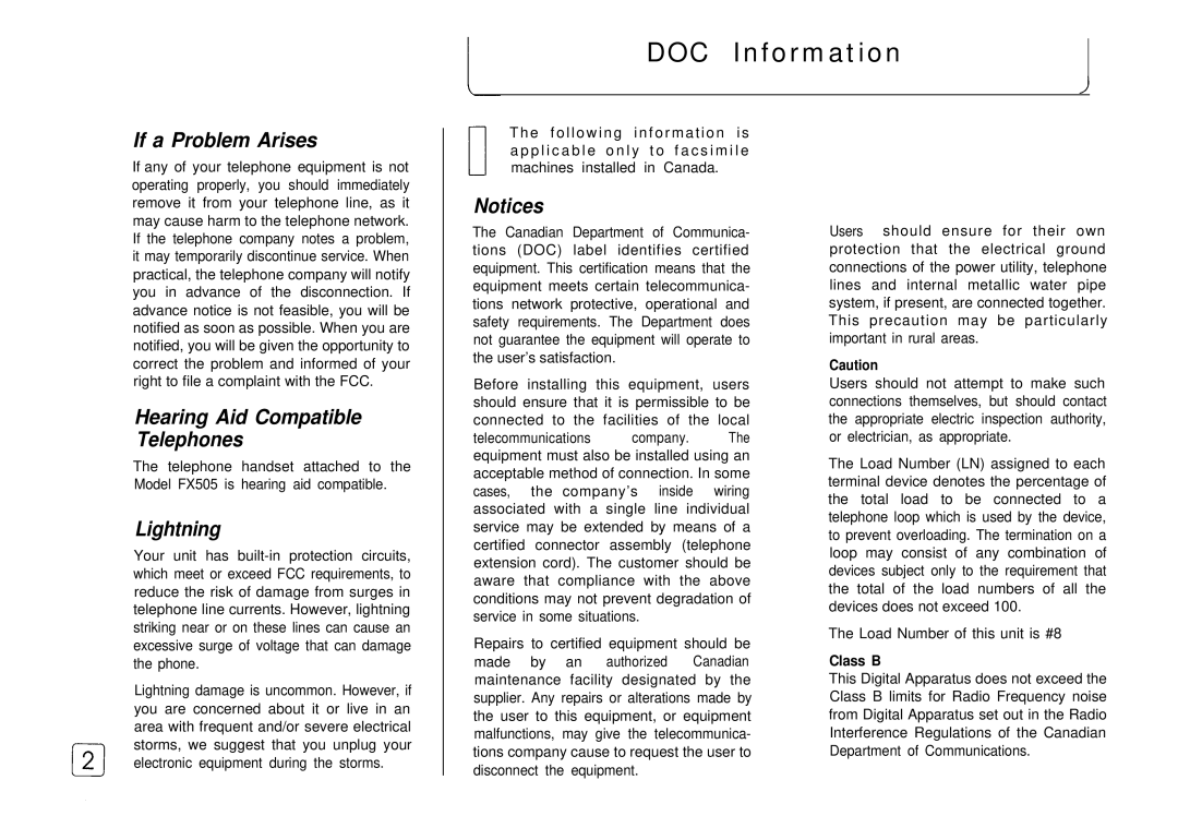 Samsung FX 505 manual DOC Information, If a Problem Arises, Lightning, Class B 