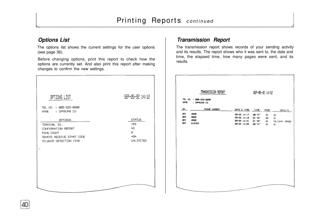 Samsung FX 505 manual Options List, Transmission Report 