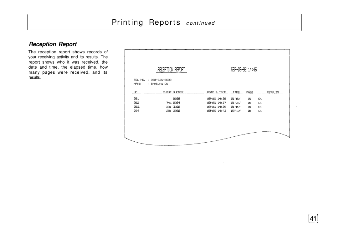 Samsung FX 505 manual Reception Report 