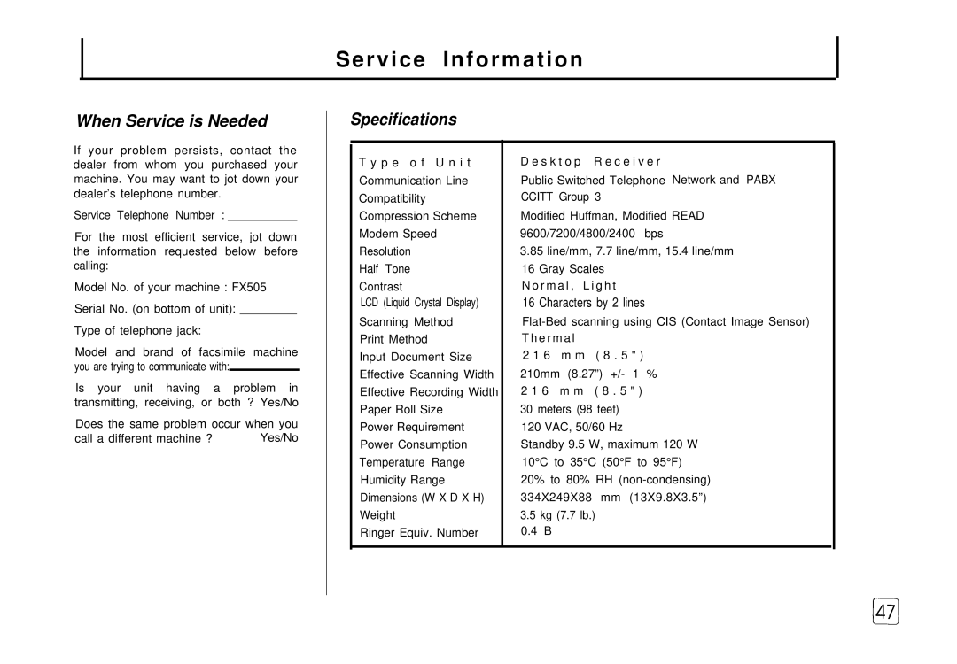 Samsung FX 505 manual Service Information, When Service is Needed Specifications 