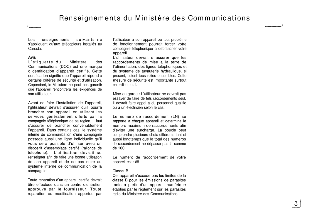 Samsung FX 505 manual Renseignements du Ministère des Communications, Avis 