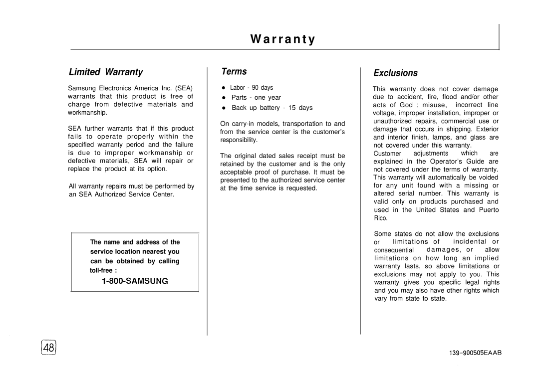 Samsung FX 505 manual R r a n t y, Limited Warranty, Terms, Exclusions 