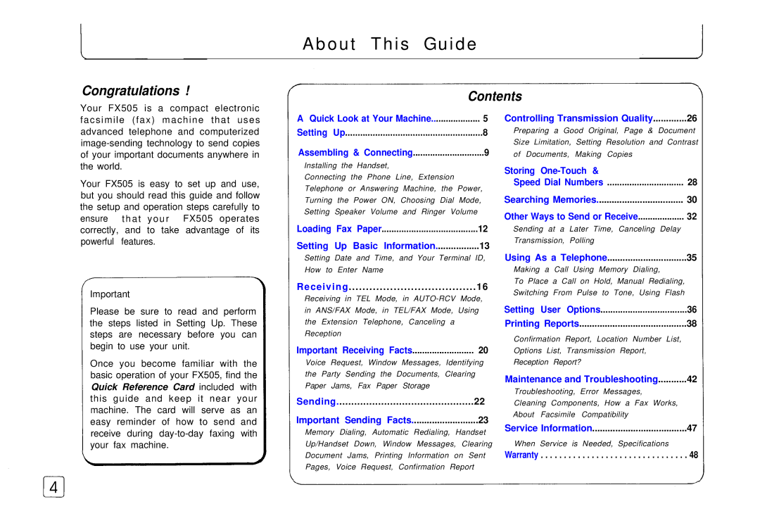 Samsung FX 505 manual About This Guide, Congratulations Contents 