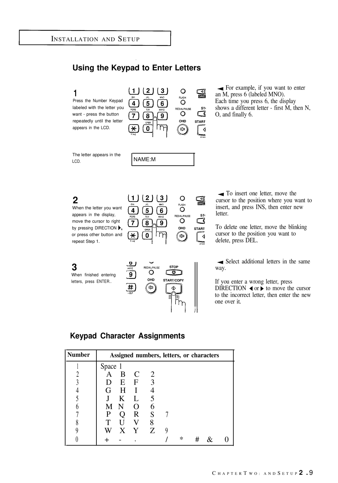 Samsung FX100 manual Using the Keypad to Enter Letters, Keypad Character Assignments 