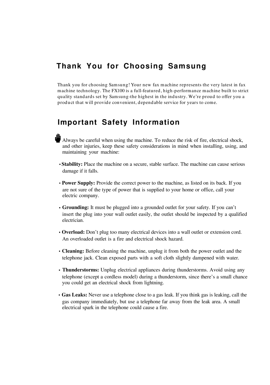 Samsung FX100 manual Thank You for Choosing Samsung, Important Safety Information 