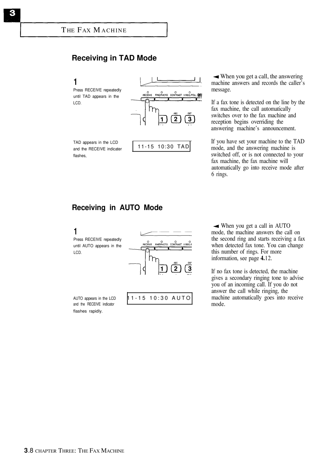 Samsung FX100 manual Receiving in TAD Mode, Receiving in Auto Mode 