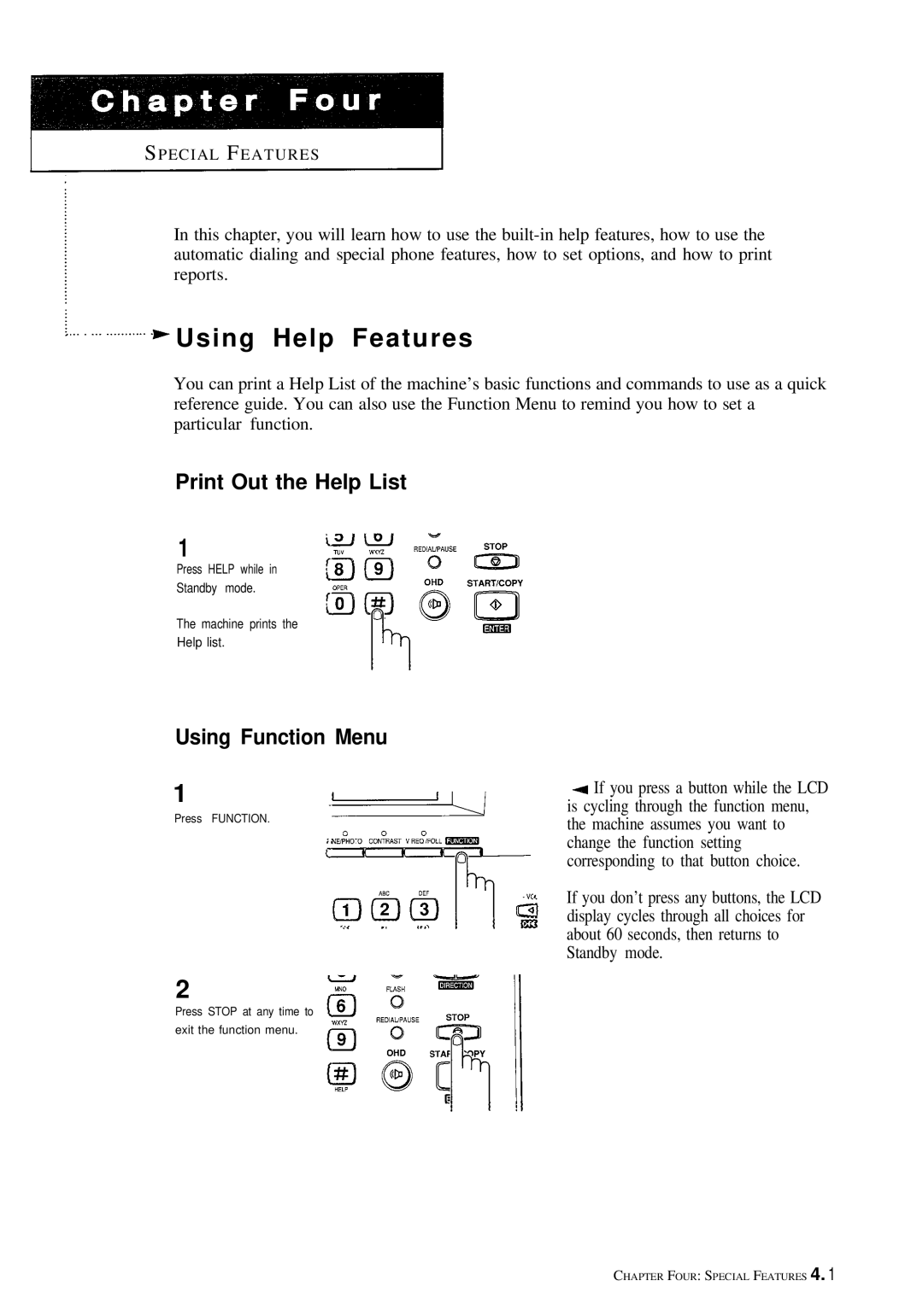 Samsung FX100 manual Using Help Features, Print Out the Help List, Using Function Menu 