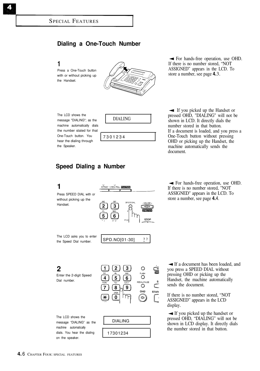 Samsung FX100 manual Dialing a One-Touch Number, Speed Dialing a Number 