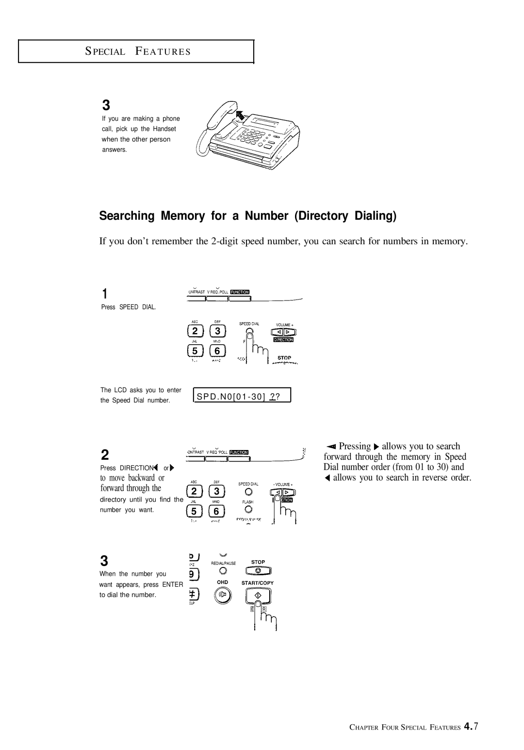 Samsung FX100 manual Searching Memory for a Number Directory Dialing, Allows you to search in reverse order 