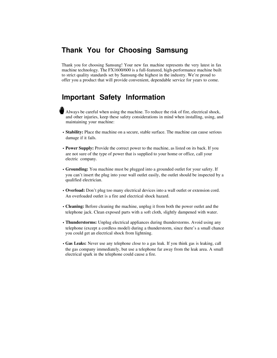 Samsung FX600, FX1600 manual Thank You for Choosing Samsung, Important Safety Information 