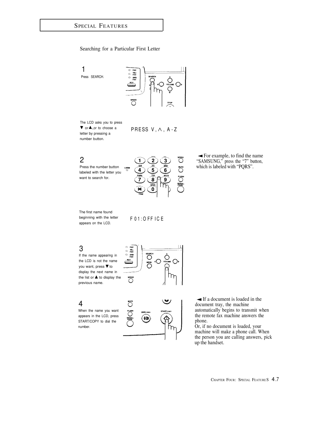 Samsung FX600, FX1600 manual Searching for a Particular First Letter 