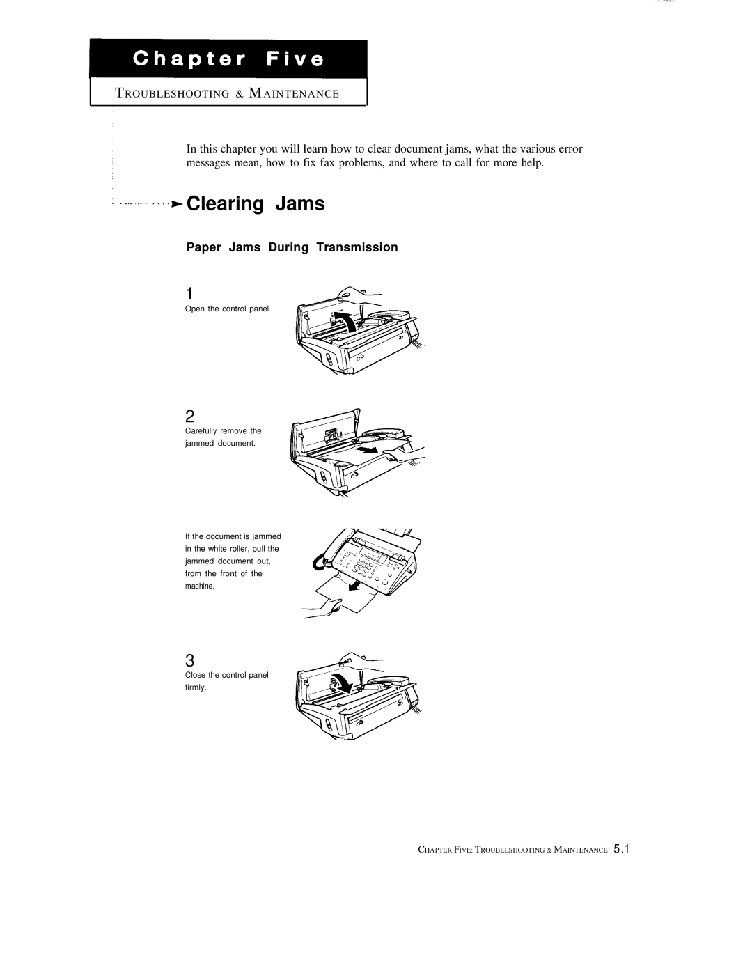 Samsung FX600, FX1600 manual Clearing Jams, Paper Jams During Transmission 