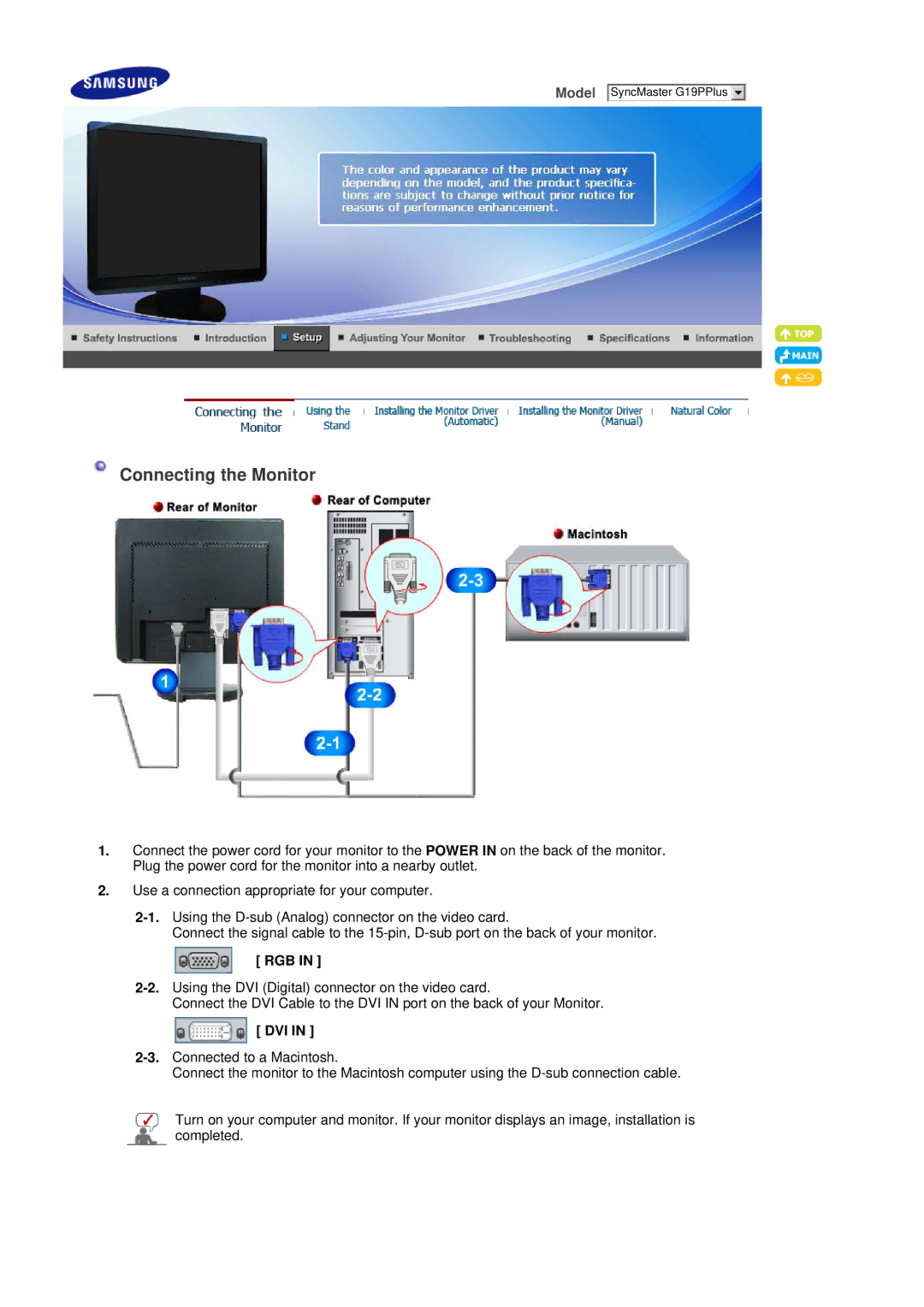 Samsung G19P Plus manual Connecting the Monitor, Rgb, Dvi 