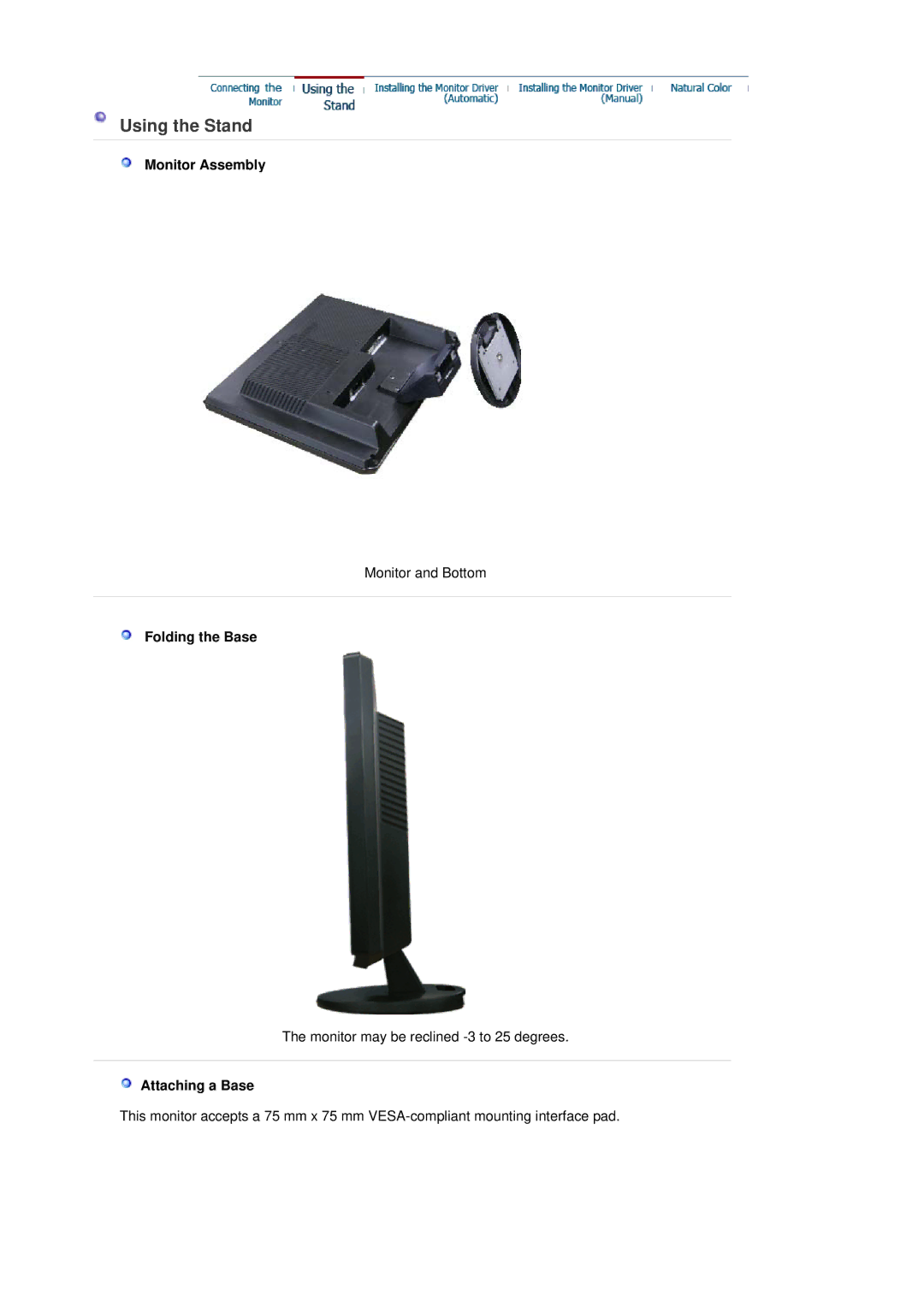 Samsung G19P Plus manual Using the Stand, Monitor Assembly, Folding the Base, Attaching a Base 