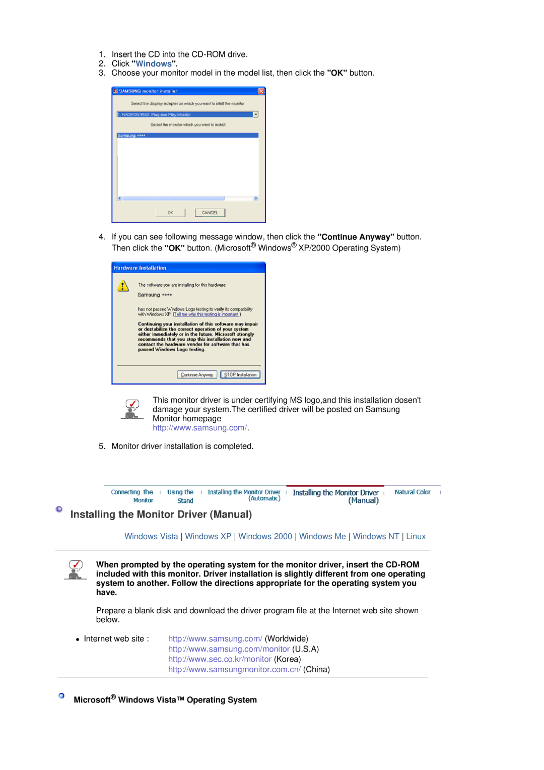 Samsung G19P Plus manual Installing the Monitor Driver Manual, Microsoft Windows Vista Operating System 