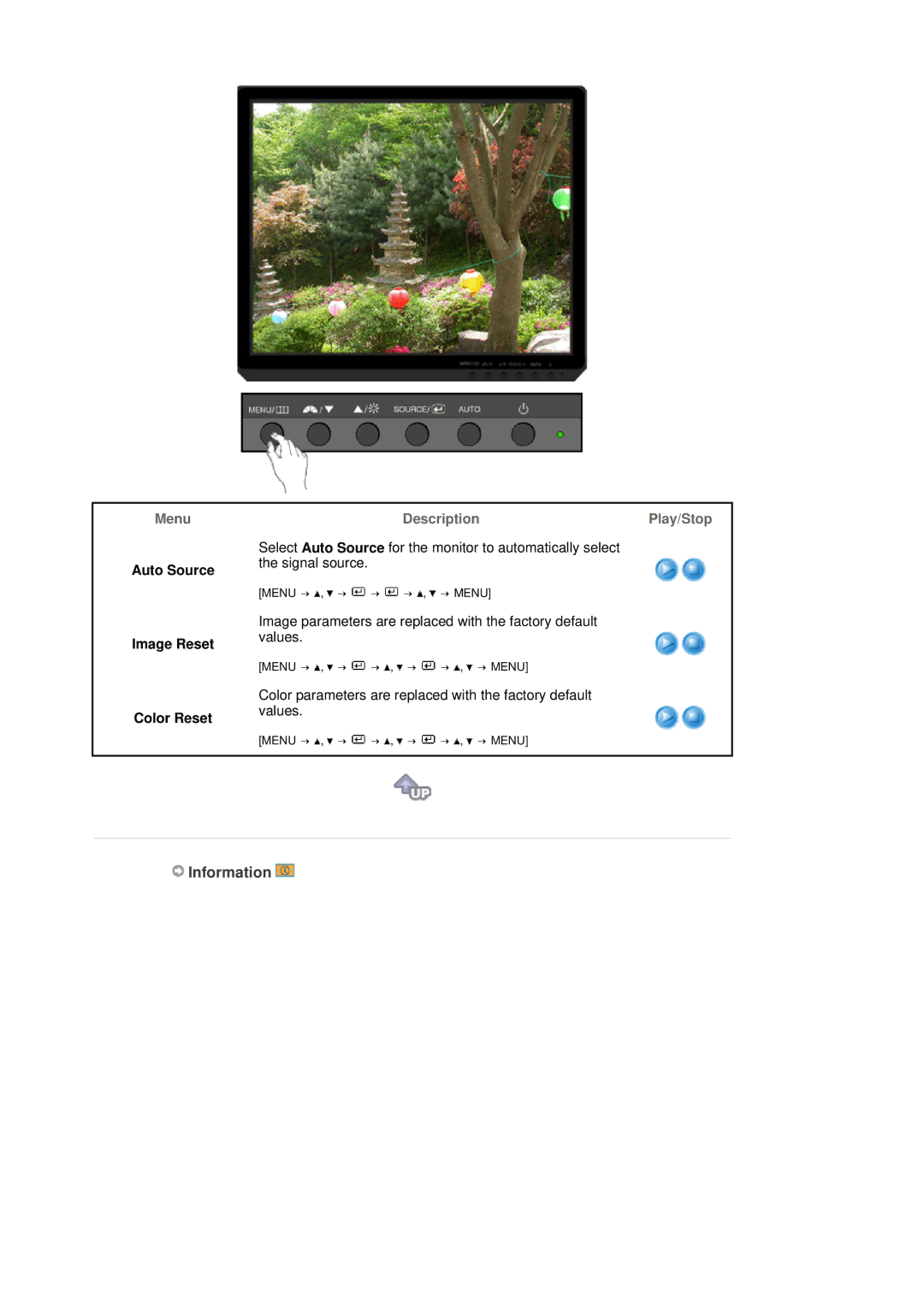 Samsung G19P Plus manual Information, Auto Source Image Reset Color Reset 