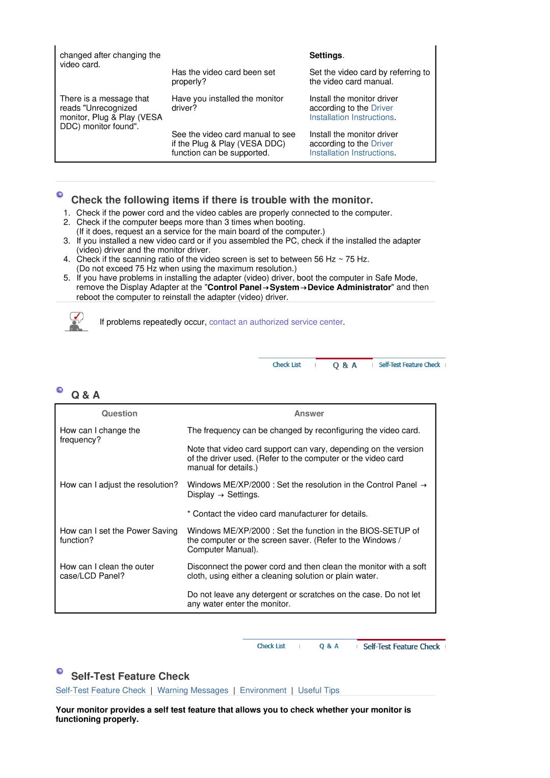 Samsung G19P Plus manual Self-Test Feature Check, Settings, Question, Answer 