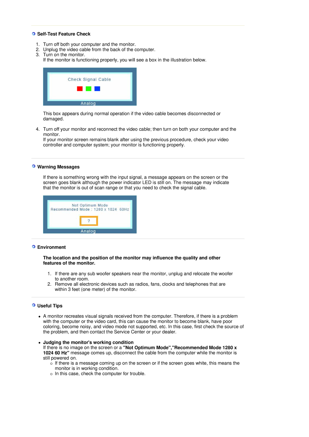 Samsung G19P Plus manual Self-Test Feature Check, Useful Tips 