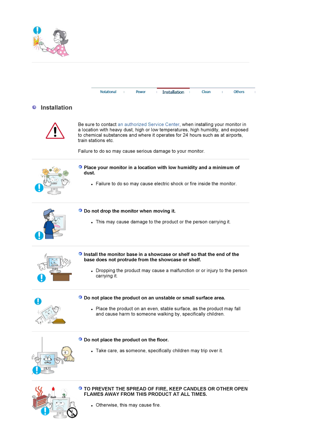 Samsung G19P Plus manual Installation, Do not drop the monitor when moving it, Do not place the product on the floor 