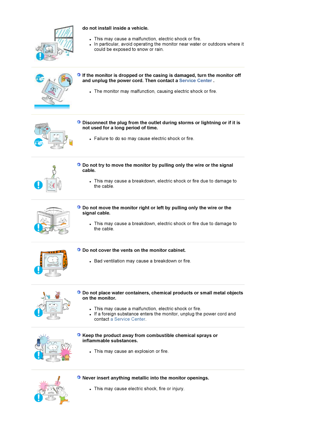 Samsung G19P Plus manual Do not install inside a vehicle, Do not cover the vents on the monitor cabinet 