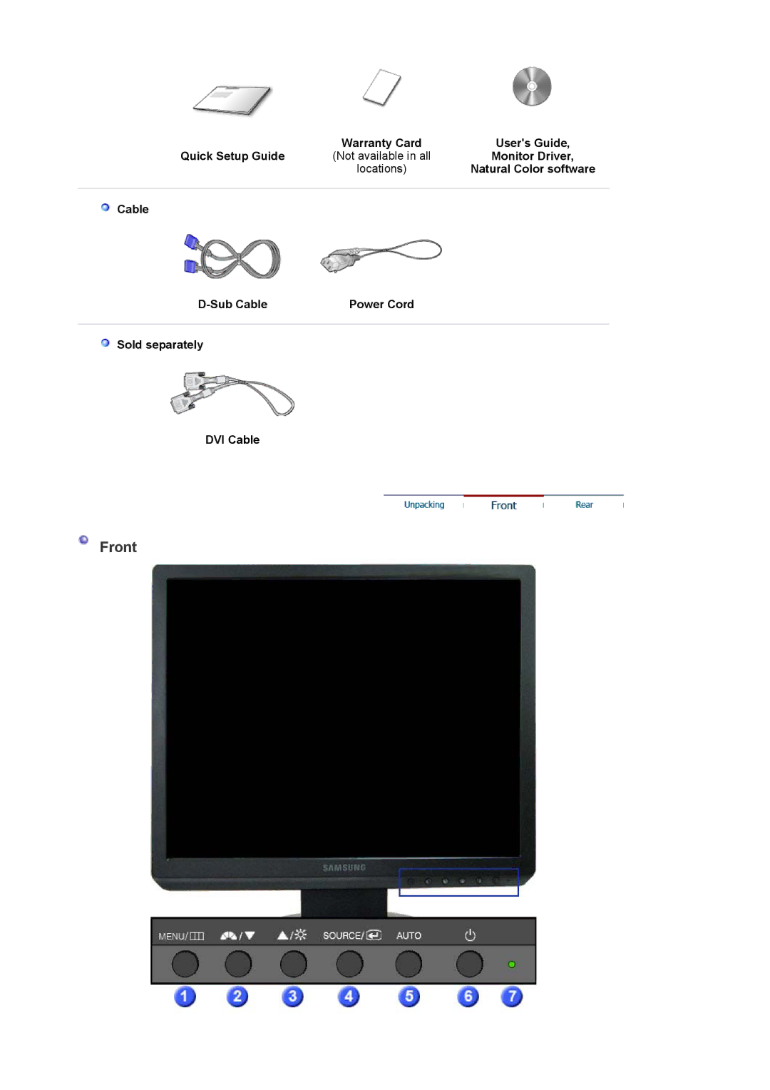 Samsung G19P manual Front, Warranty Card Users Guide Quick Setup Guide, Monitor Driver, Natural Color software 