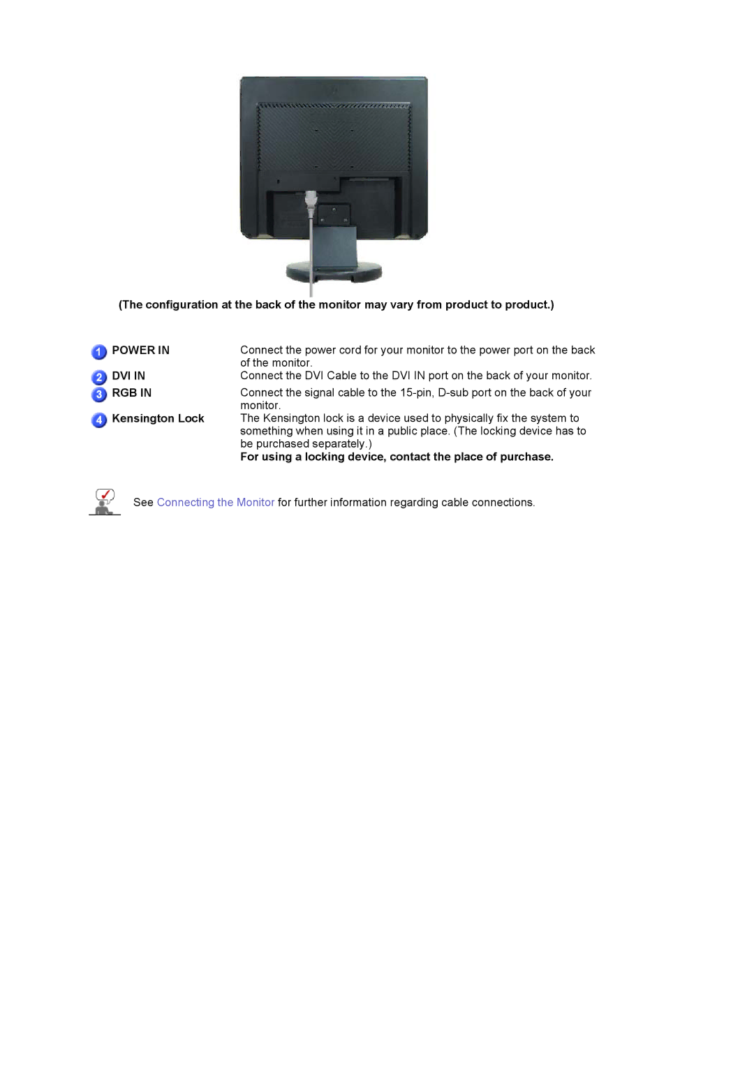 Samsung G19P manual Kensington Lock, For using a locking device, contact the place of purchase 